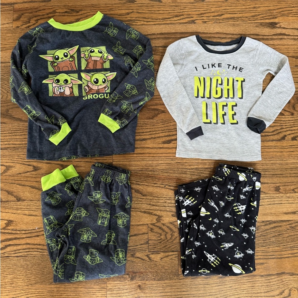 Two sets of pajamas, Grogu and Night Life—size 6/7